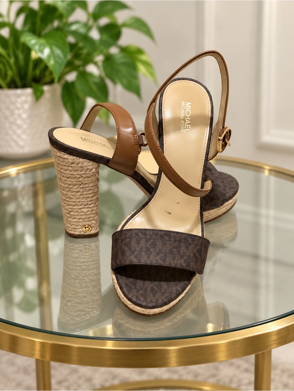 Michael Kors Brown and Tan MK Logo Espadrille Heel Sandals